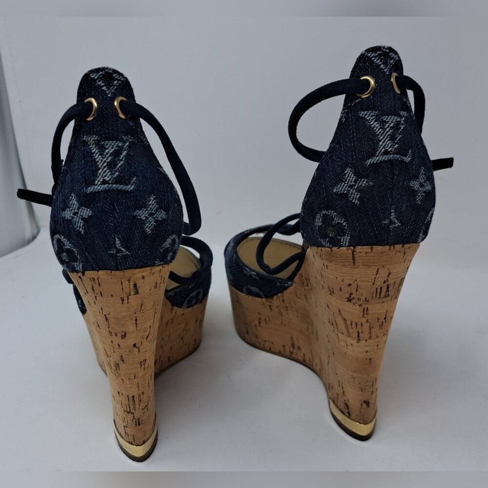 Louis Vuitton Monogram Denim Wedge Platform Ankle Wrap Pumps Shoes 7.5 / 37.5 EU - Picture 13 of 16